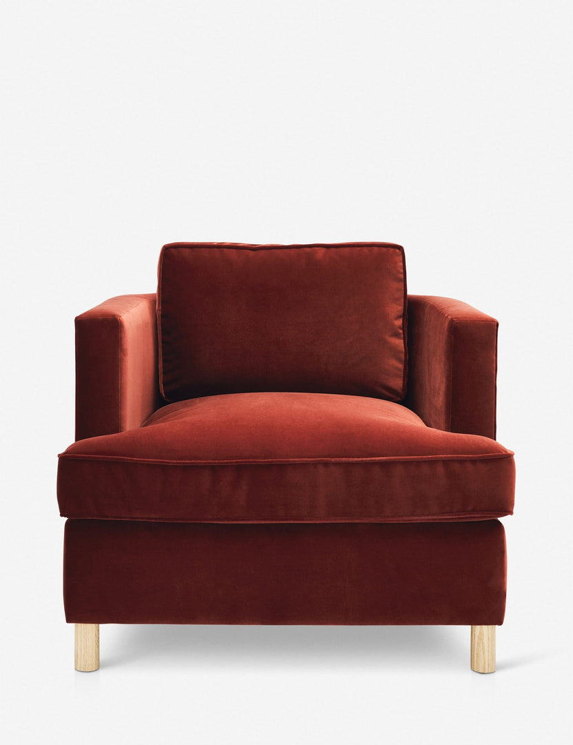 #color::paprika | Belmont Paprika red velvet accent chair by Ginny Macdonald with a curved back and oversized plush cushions