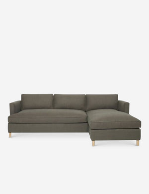 Belmont Loden Gray Linen right-facing sectional sofa by Ginny Macdonald with a curved back and oversized cushions