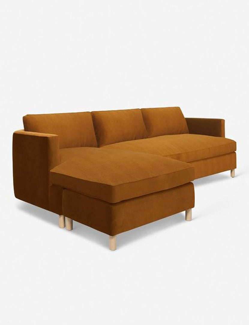#color::cognac #configuration::left-facing | Angled view of the Belmont cognac velvet left-facing sectional sofa