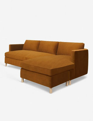 Angled view of the Belmont cognac velvet right-facing sectional sofa