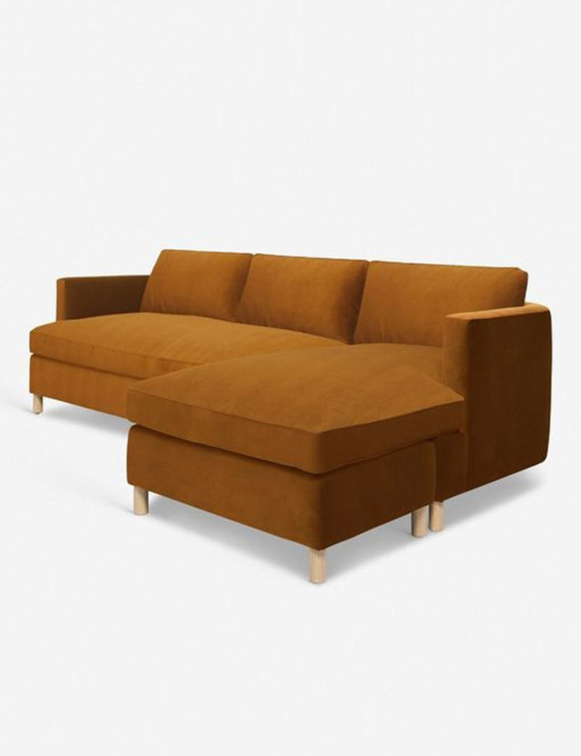 #color::cognac #configuration::right-facing | Angled view of the Belmont cognac velvet right-facing sectional sofa