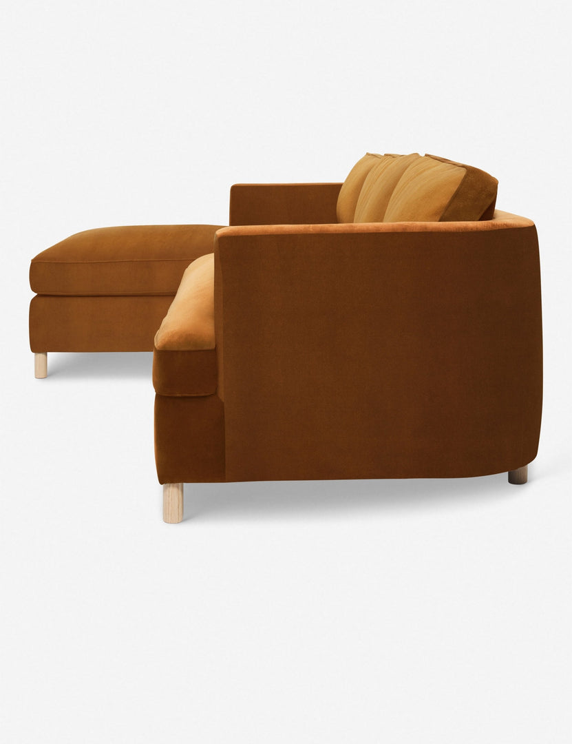 #color::cognac #configuration::left-facing | Left side of the Belmont cognac velvet left-facing sectional sofa