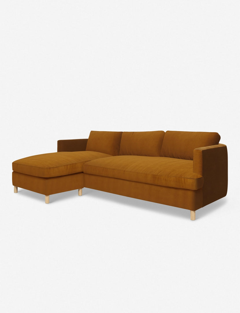 #color::cognac #configuration::left-facing | Angled view of the Belmont cognac velvet left-facing sectional sofa