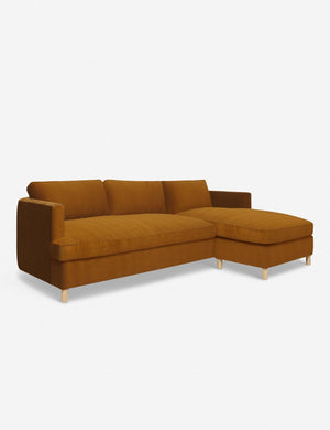 Angled view of the Belmont cognac velvet right-facing sectional sofa