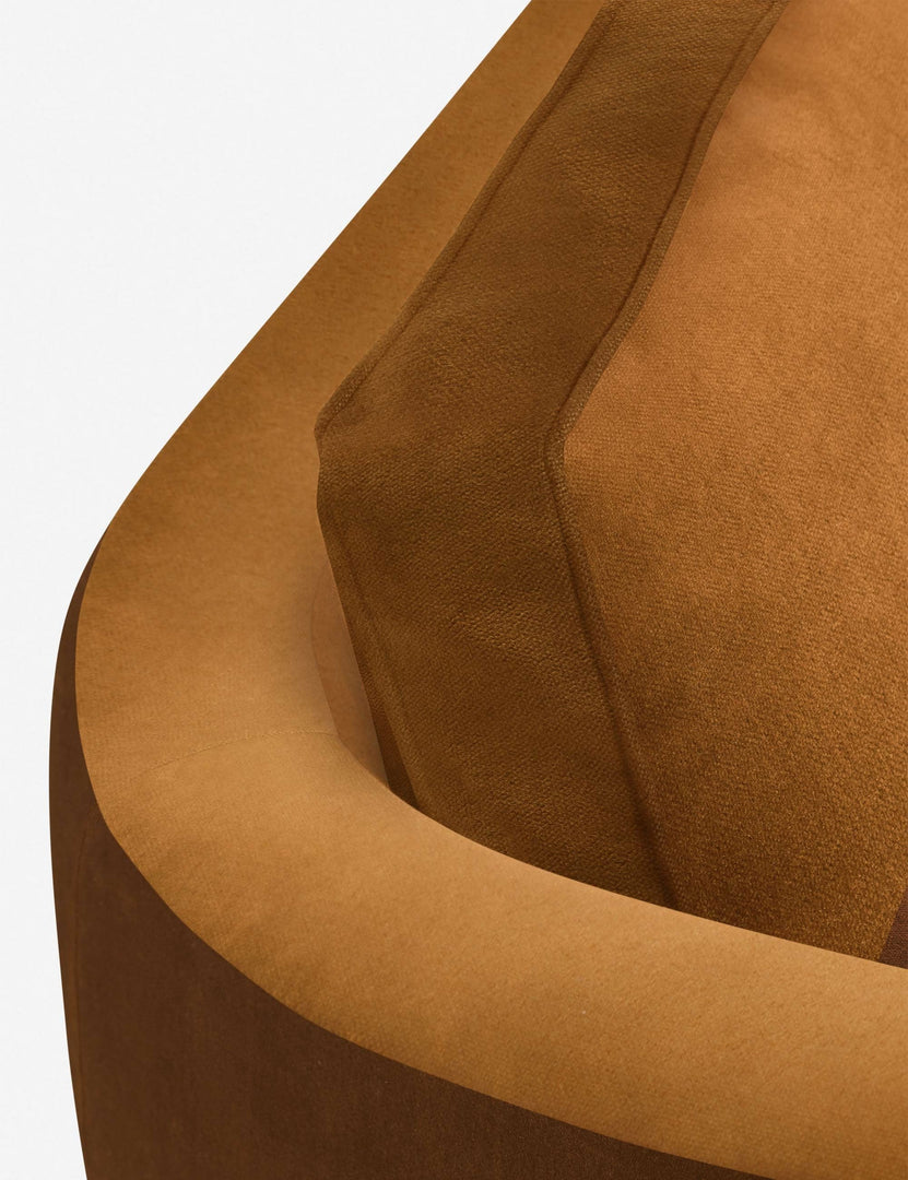 #color::cognac #configuration::left-facing | The curved back on the Belmont cognac velvet left-facing sectional sofa