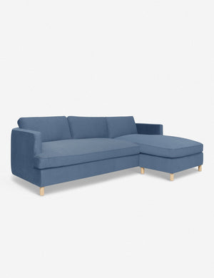 Angled view of the Belmont Harbor Blue Velvet right-facing sectional sofa