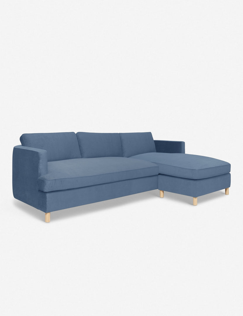 #color::harbor #configuration::right-facing | Angled view of the Belmont Harbor Blue Velvet right-facing sectional sofa