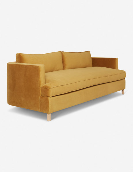 #size::72-W #size:84-W #color::goldenrod-velvet #size::96-W | Angled view of the Goldenrod Velvet Belmont Sofa