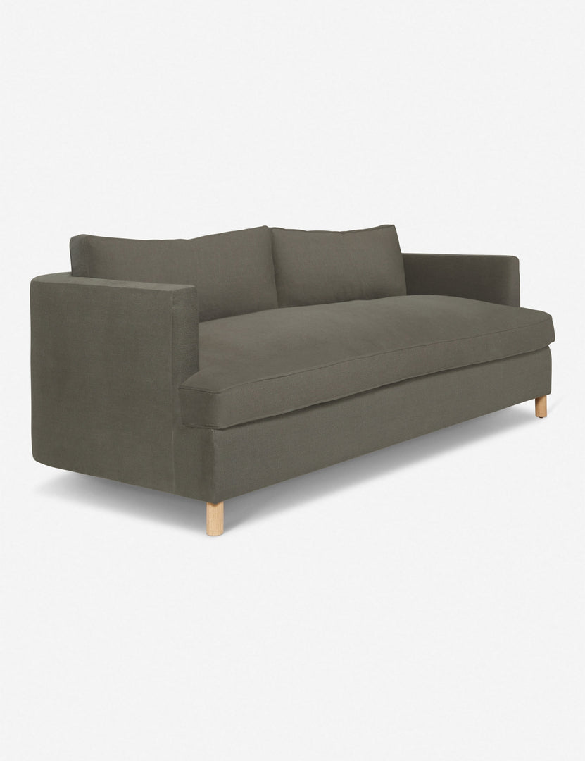 #size::72-W #size:84-W #color::loden #size::96-W | Angled view of the Loden Gray Velvet Belmont Sofa
