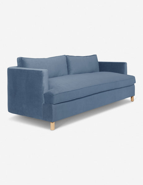 #size::72-W #size:84-W #color::harbor #size::96-W | Angled view of the Harbor Blue Velvet Belmont Sofa