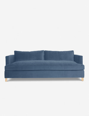 Harbor Blue Velvet Belmont Sofa with curved back and oversized cushions by Ginny Macdonald