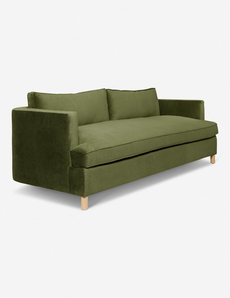 #size::72-W #size:84-W #color::jade #size::96-W | Angled view of the Jade Green Velvet Belmont Sofa