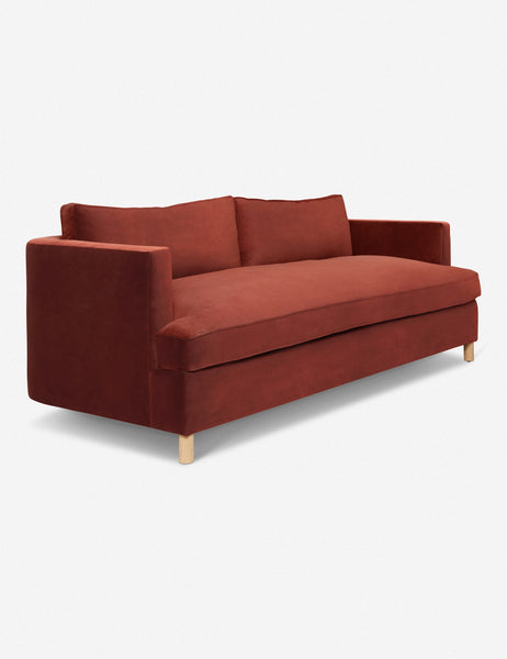 #size::72-W #size:84-W #color::paprika #size::96-W | Angled view of the Paprika Velvet Belmont Sofa