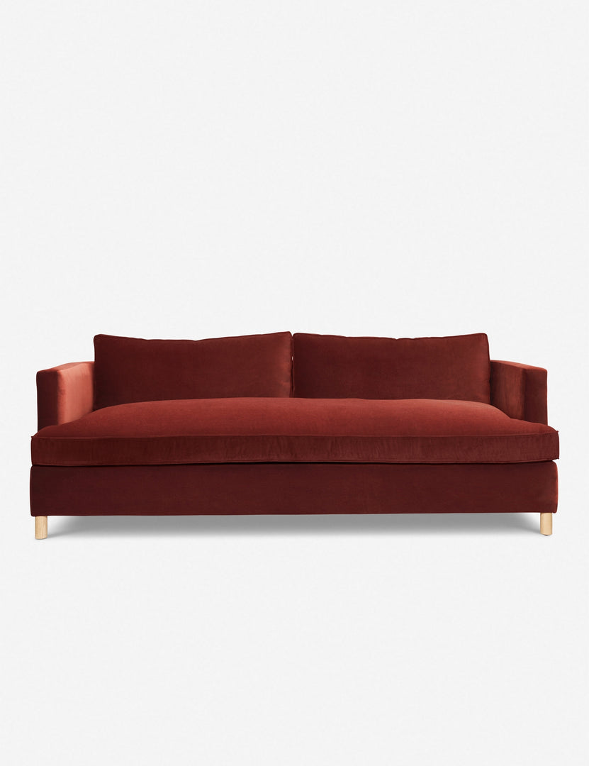 #size::72-W #size:84-W #color::paprika #size::96-W | Paprika Velvet Belmont Sofa with curved back and oversized cushions by Ginny Macdonald