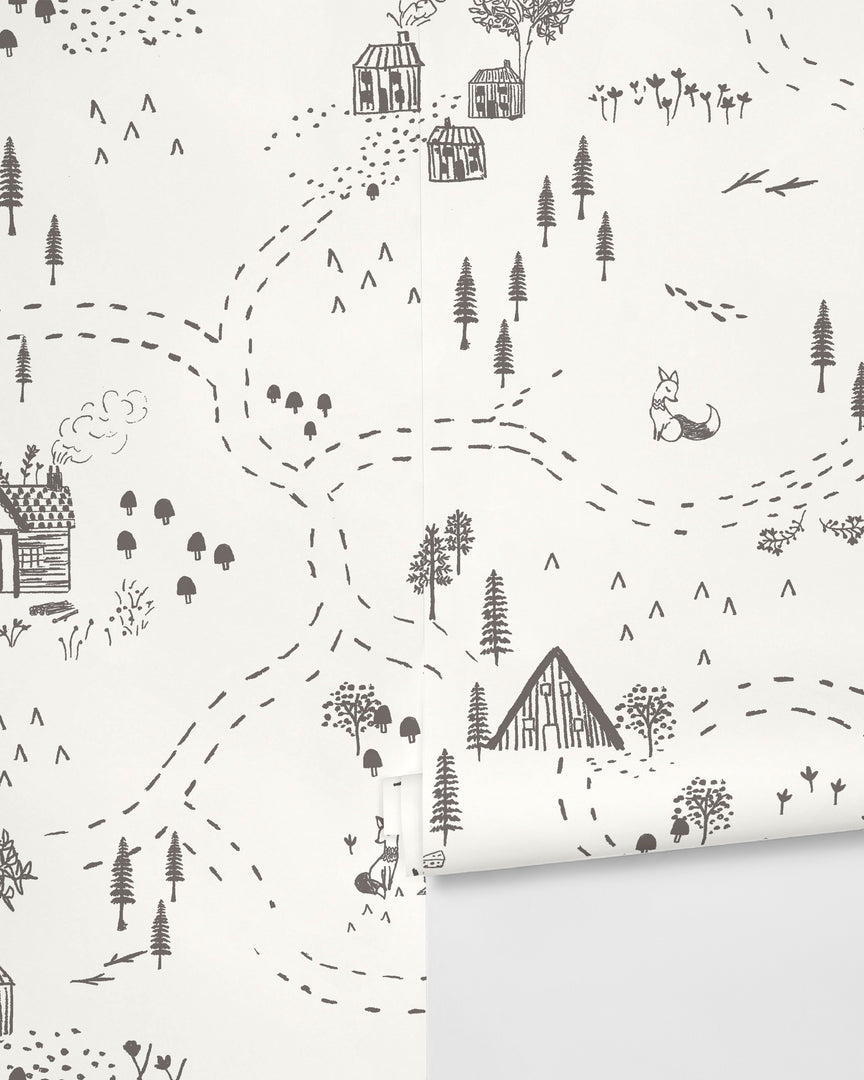 | Through the Woods White Wallpaper with gray travel and nature inspired illustrations by Rylee + Cru