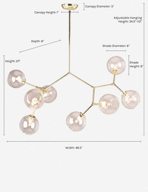 Dimensions Bobbi gold branching chandelier with glass orb bulbs