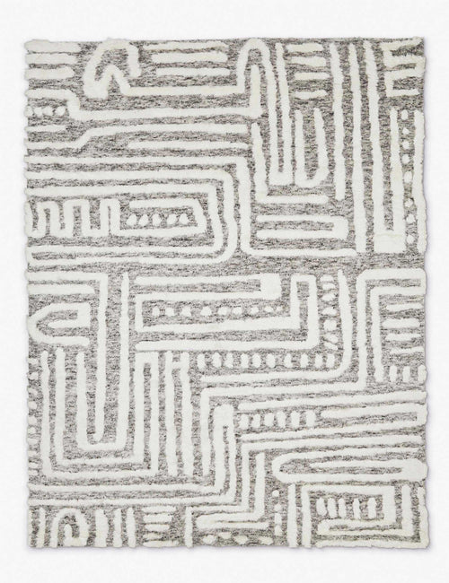 #size::6--x-9- #size::8--x-10- #size::9--x-12- #size::10--x-14- #color::rug #size::12--x-15- | Braeburn gray hand-knotted wool rug with an ivory abstract pattern that creates a high-low pile texture and is made in India