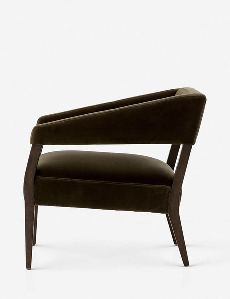 | Side view of the Lyssa olive velvet accent chair
