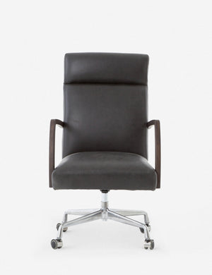 Camden Leather Office Chair with a high padded back and gently curved burnt oak arms