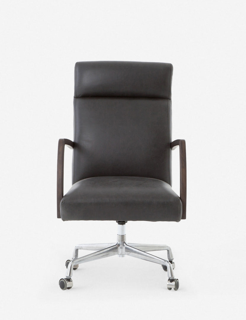 | Camden Leather Office Chair with a high padded back and gently curved burnt oak arms