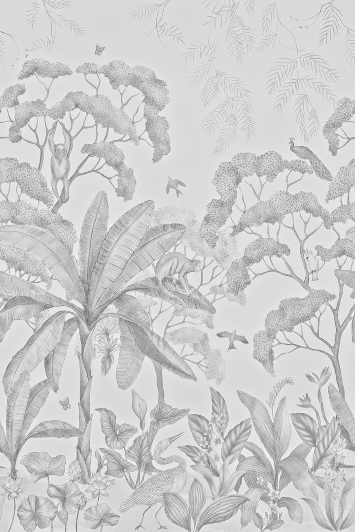 #color::black-+-white | Full view of the Jungle Wallpaper mural in the black and white color.