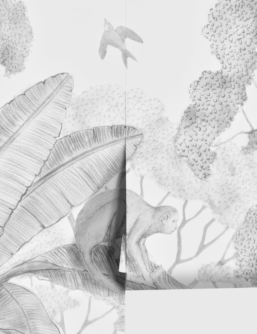 #color::black-+-white | Close up of Jungle Wallpaper Mural in black and white color.