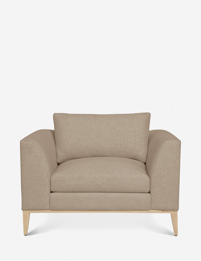 #color::pebble | Charleston Pebble gray linen upholstered accent chair with a natural oak base and a deep plush seat