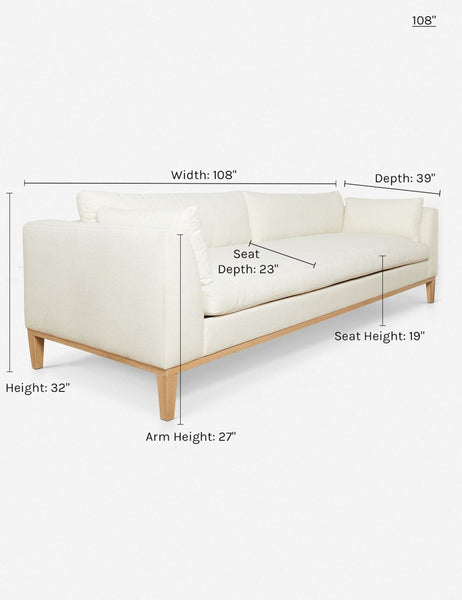 #size::9-w #color::ivory | Dimensions on the 108 inch Charleston Ivory Linen sofa