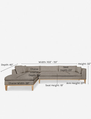 Dimensions on the Charleston flannel left-facing sectional sofa