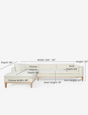 Dimensions on the Charleston ivory left-facing sectional sofa