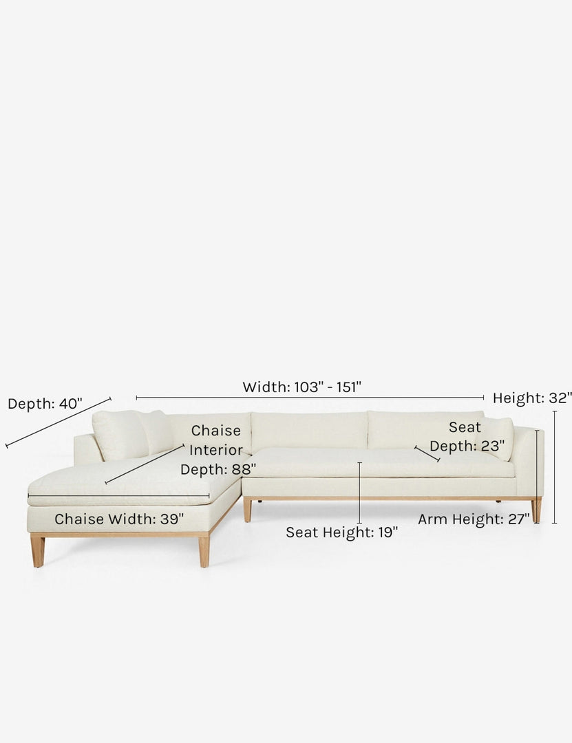 #size::103-w #size::115-w #size::127-w #size::139-w #color::ivory #size::151-w #configuration::left-facing | Dimensions on the Charleston ivory left-facing sectional sofa