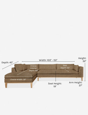 Dimensions on the Charleston pebble left-facing sectional sofa