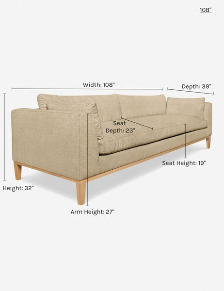 #size::9-w #color::linen | Dimensions on the 108 inch Charleston Linen sofa