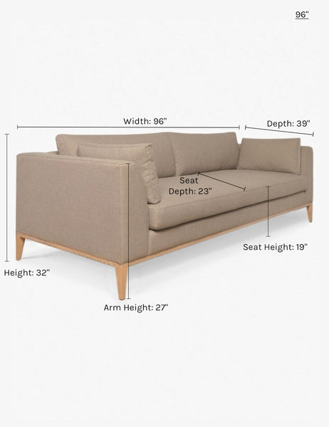 #size::8-w #color::pebble | Dimensions on the 96 inch Charleston Pebble Gray Linen sofa