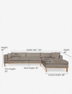Dimensions on the Charleston flannel right-facing sectional sofa