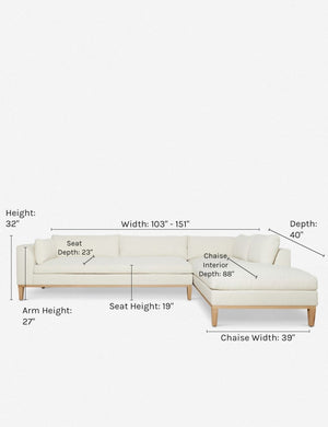 Dimensions on the Charleston ivory right-facing sectional sofa