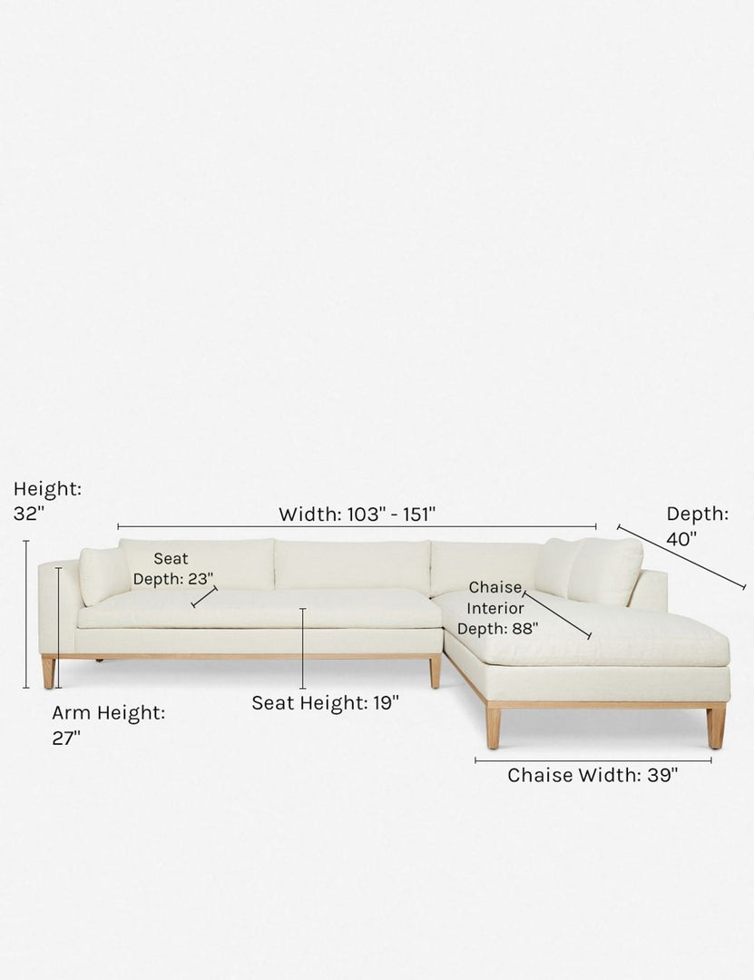#size::103-w #size::115-w #size::127-w #size::139-w #color::ivory #size::151-w #configuration::right-facing | Dimensions on the Charleston ivory right-facing sectional sofa