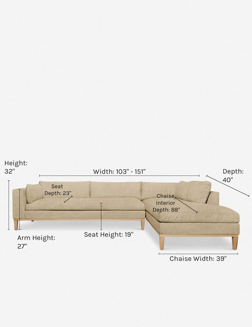 #size::103-w #size::115-w #size::127-w #size::139-w #color::linen #size::151-w #configuration::right-facing | Dimensions on the Charleston linen right-facing sectional sofa