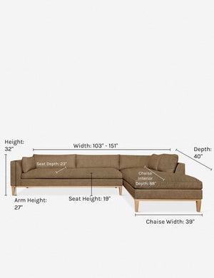 Dimensions on the Charleston pebble right-facing sectional sofa
