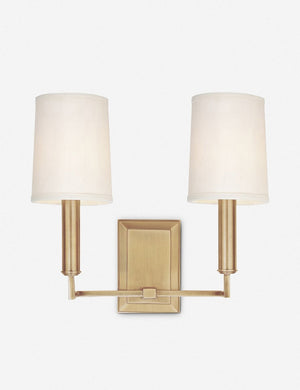 Charlie brass double sconce with parchment shades and angular arms