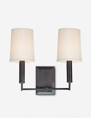 Charlie dark bronze double sconce with parchment shades and angular arms