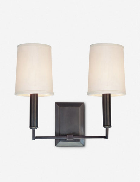 #color::dark-bronze | Charlie dark bronze double sconce with parchment shades and angular arms