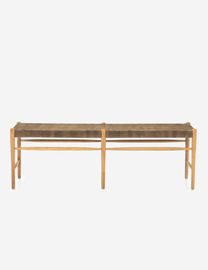 Tess Brown Leather Bench with a woven seat and a light oak frame