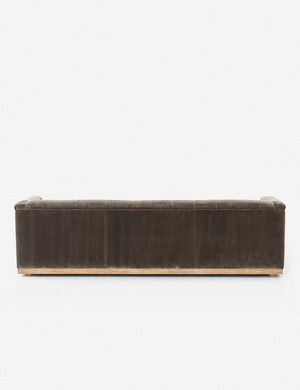 Rear view of Afia tufted gray-brown velvet sofa with nailhead trim and light wood base