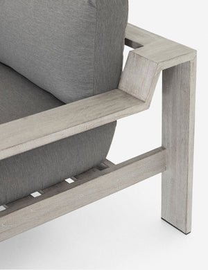 Close-up of the wooden arm on the Clarise Indoor / Outdoor Sofa