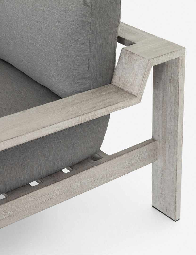 | Close-up of the wooden arm on the Clarise Indoor / Outdoor Sofa