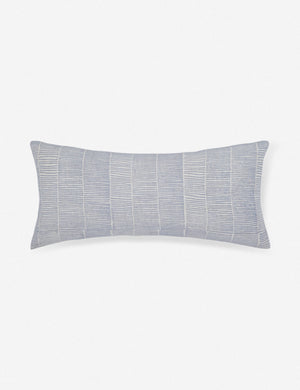 Claudette ivory linen long lumbar pillow with an ice blue ragged striped pattern
