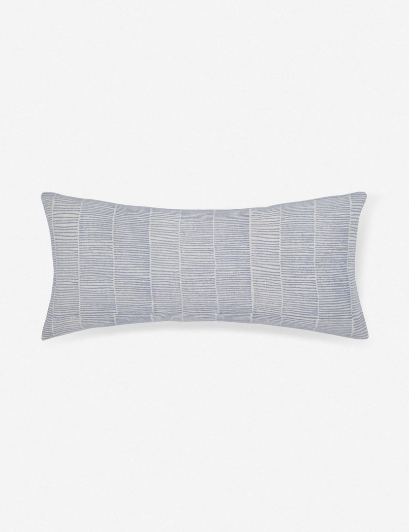 #color::ice-blue #style::long-lumbar | Claudette ivory linen long lumbar pillow with an ice blue ragged striped pattern