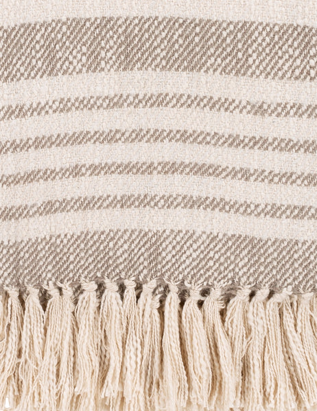 #color::taupe | Close-up of the edge of the Elulia woven two-tone taupe throw with fringed ends