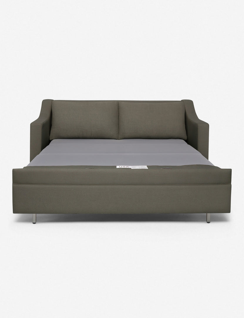 #size::king #color::loden #size::queen | Coniston Loden Gray Linen Sleeper Sofa with the bed pulled out